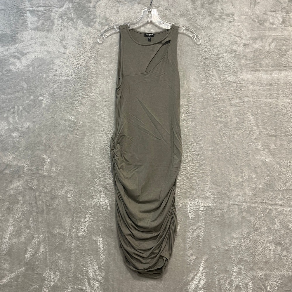 Express Bodycon Dress Womens Small Olive Green Ruched Cutout Sleeveless Midi